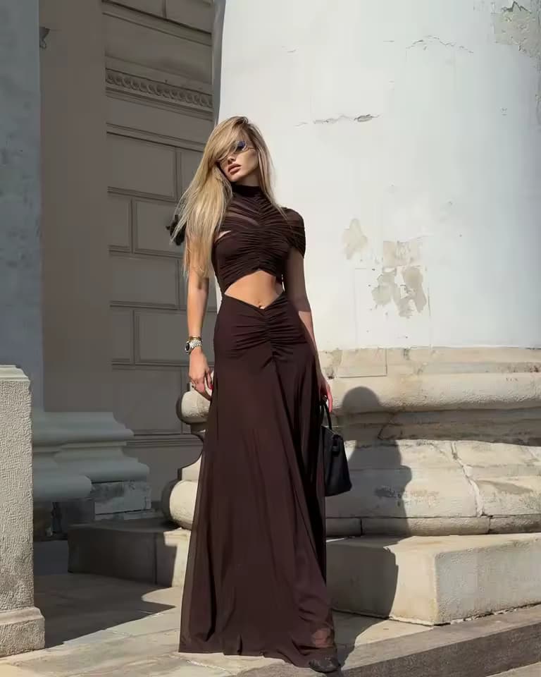 Ensemble Deux-Pièces Drapé Marron Cut-Out 2